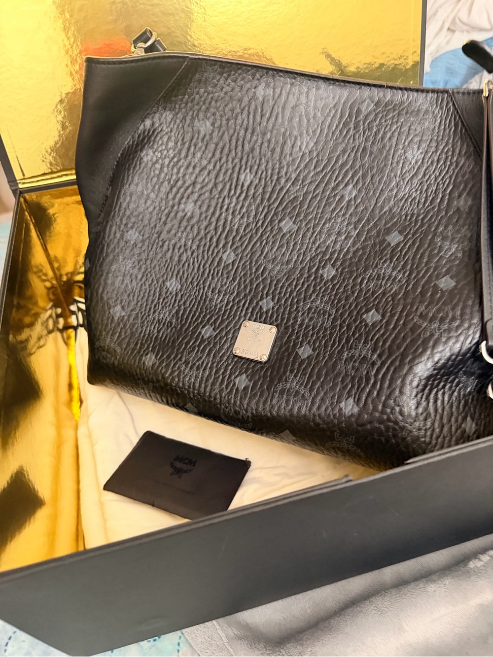 MCM Black Textured Leather Hobo Tote with Metal Logo Plate